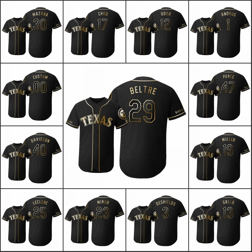 

Texas Rangers Men #12 Rougned Odor 29 Adrian Beltre 13 Joey Gallo Women Youth Flex Base Golden Edition Custom Jersey, Black