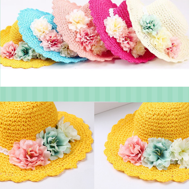 

Korean-style CHILDREN'S Straw Hat Girls Topee New Style Summer Handmade Flower Baby Hat Beach, Yellow