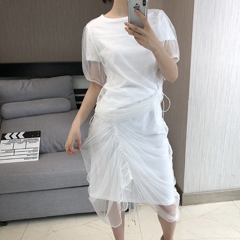 

Womens Summer Mesh T Shirt Perspective Fake Two-piece Set Pleated Tee Top Lady Sweet T-shirts Clothes, A black t shirt