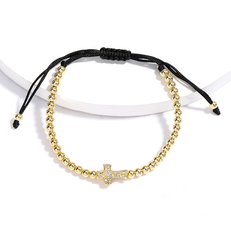 

ins Wind hot sale rhinestone cross copper plated gold round bead string black rope woven bracelet female bracelet
