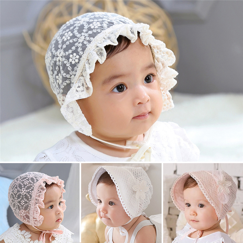 

Lace Flower Baby Hat Summer Newborn Baby Girl Hat Cotton Mesh Infant Toddler Sun Girls Bonnet Cap Beanie Photo Props, Style2 white