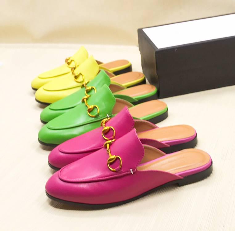

2019 designer women loafer red yellow green sandals princetown horsebit mules slipper with box metal chain slipper cats strawberry, Blue