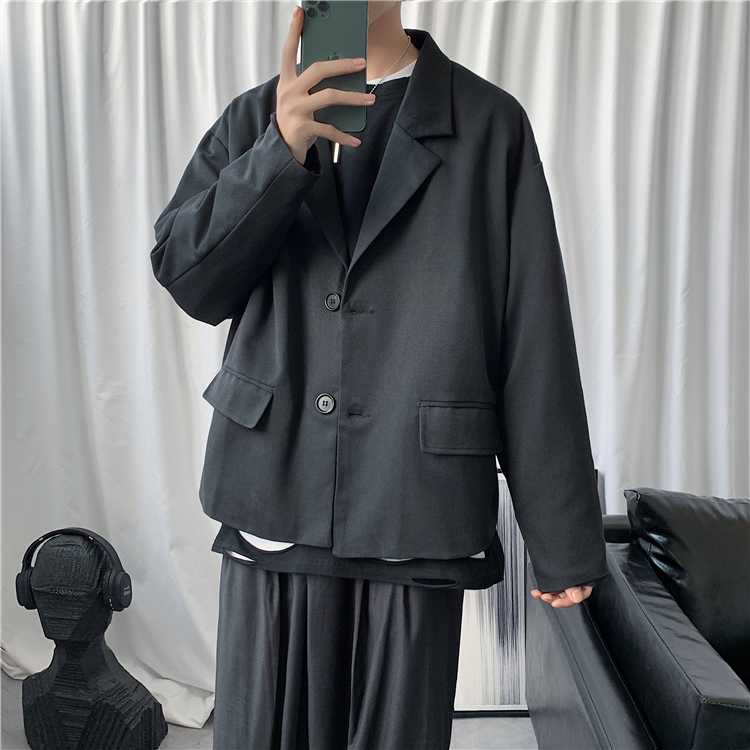 

New Male Women Streetwear Blazer Jacket Outerwear Men Retro Fashion Casual Short Suit Coat, Black