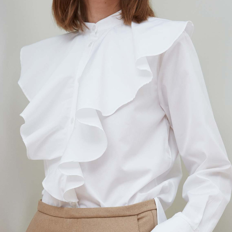

Women Shirt 2020 Spring /autumn New Shirts Fashion Casual Stand Collar Single-breasted Long-sleeved 100% Cotton White Shirt Top