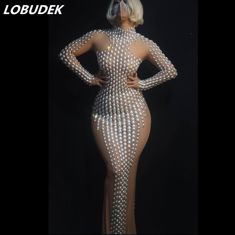 

Evening Party Nightclub Concert Show Singer Dancer Pearls Transparent Mesh Long Dress Long Sleeve Stretch Skinny Dresses Female Costume, Picture color