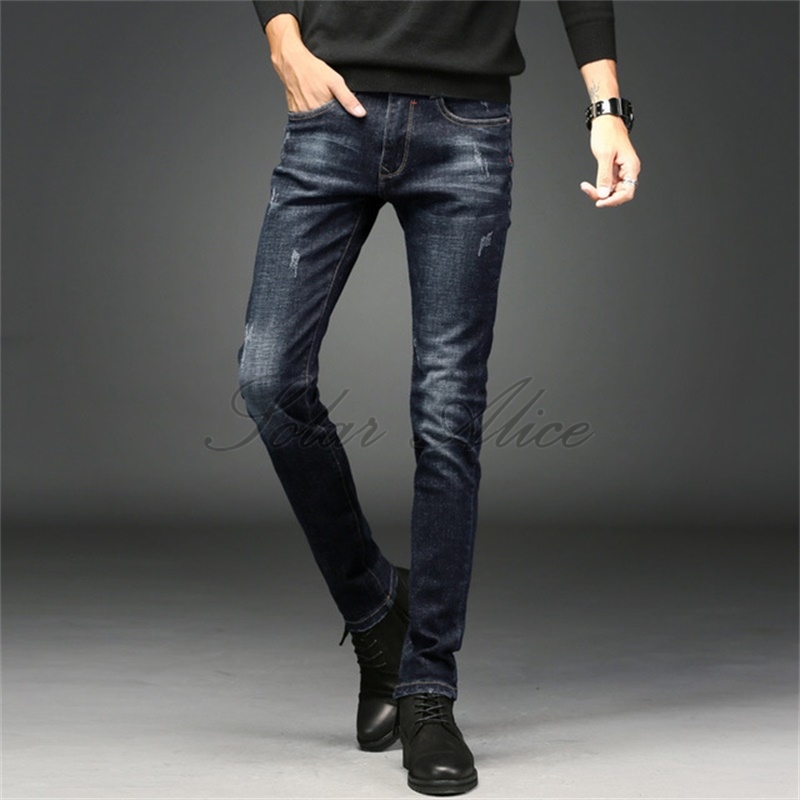 

Free shipping 2020 men's new four seasons small feet jeans stretch slim pencil casual pants young students, Dark blue