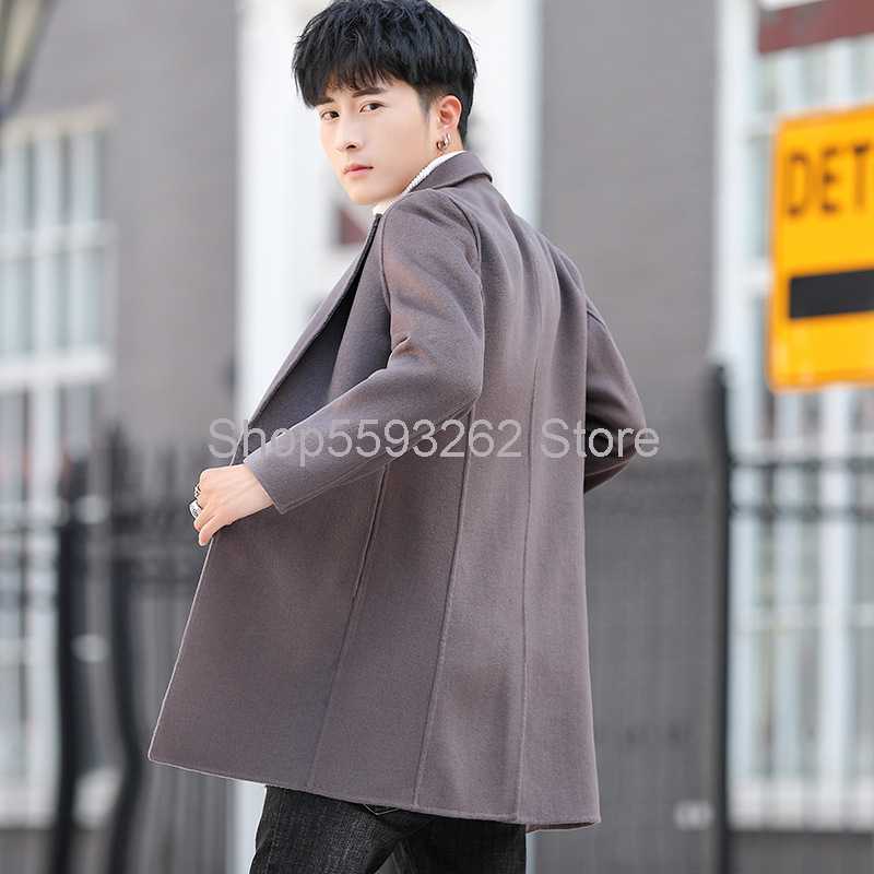 

Men's windbreaker long trend autumn woolen coat casual handsome woolen coat students, Black