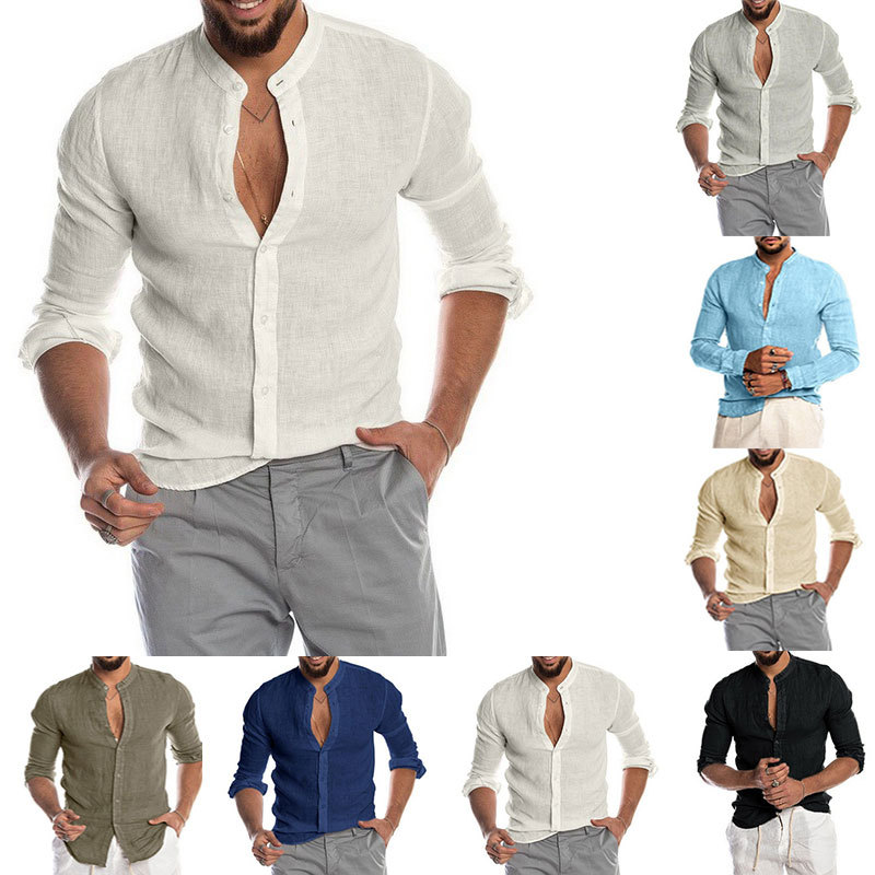 

Hot Selling Hemp Cotton Men Shirts Casual Cotton Linen Seven Colors Available Shirt Long Sleeve for Men, Navy blue