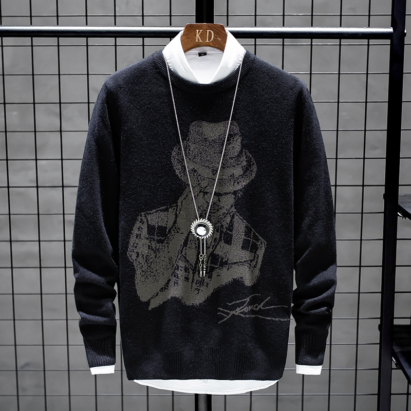 

men's autumn Spring & round neck pullover casual knit bottoming shirt, personality Print head wild street sweater, Black
