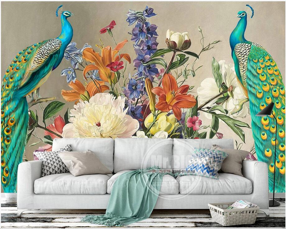 

Custom photo wallpaper mural 3d wall paper Peacock vintage oil painting flower sofa mural decoration painting wallpaper on the wall nature, Non-woven wallpaper