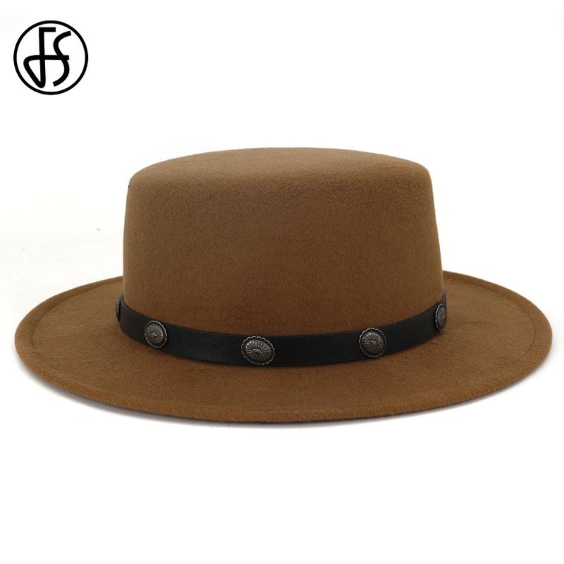 

FS Fashion Women Men Wool Flat Fedora Hat For Gentleman Gambler Trilby Bowler Cap Wide Brim Felt Panama Jazz Hats Back Khaki Red, Black