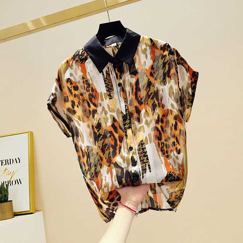 

Fashion Summer Blouse for Woman New Retro Slimming All-match Contrast Color Leopard Chiffon Shirt Women's Short Sleeve Blusas, Orange