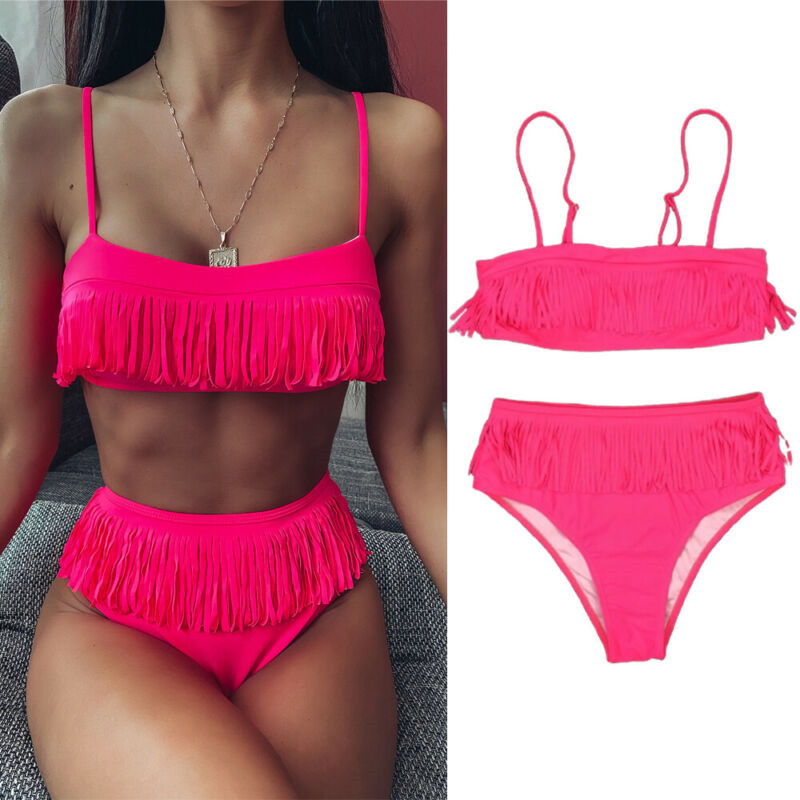 

2020 Women Tassel Bikini set Push Up Swimwear Solid Beach Bathing Suit Brazilian Thong Swimsuit For Girls Bikini Swim Suit Femme, As pic
