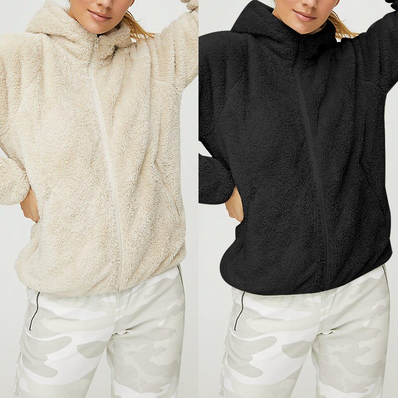 

Women 2020 Black Apricot Autumn Solid Hooded Teddy Faux Fur Coat Long Sleeve Winter Zipper Casual Pocket Fleece Jacket Outwear