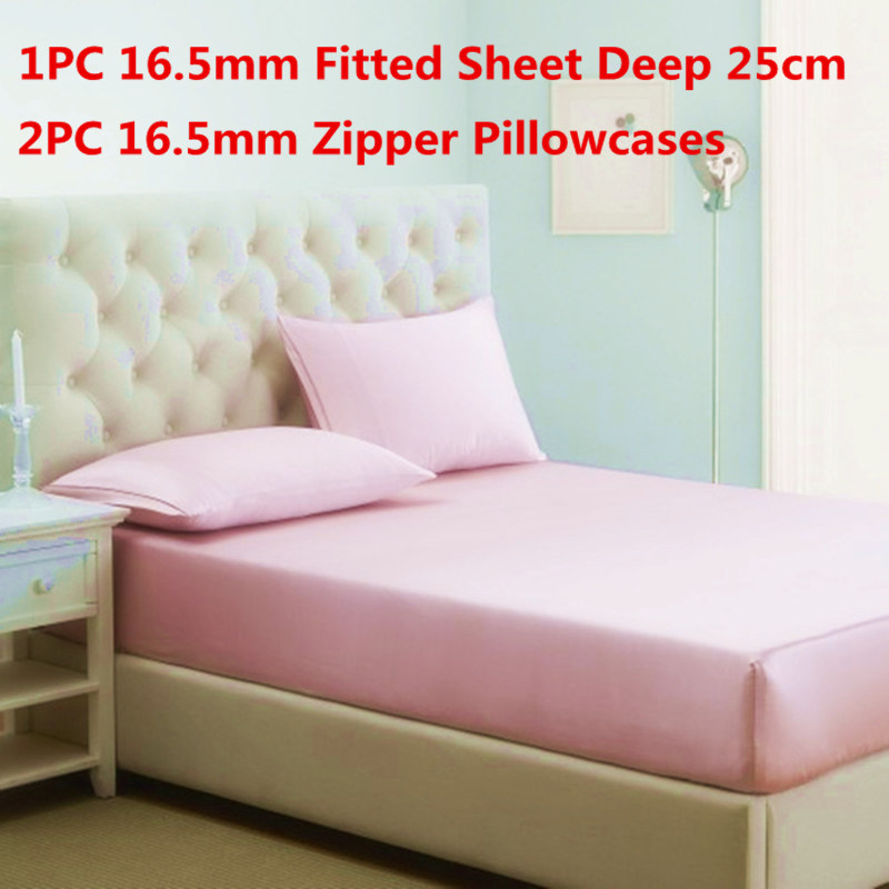 

100% Mulberry Silk Bedding Sets 3PCS Silk Fitted Sheet Deep 25cm&Zipper Pillowcase Stain Sheet Sets Multi Size High Quality, White