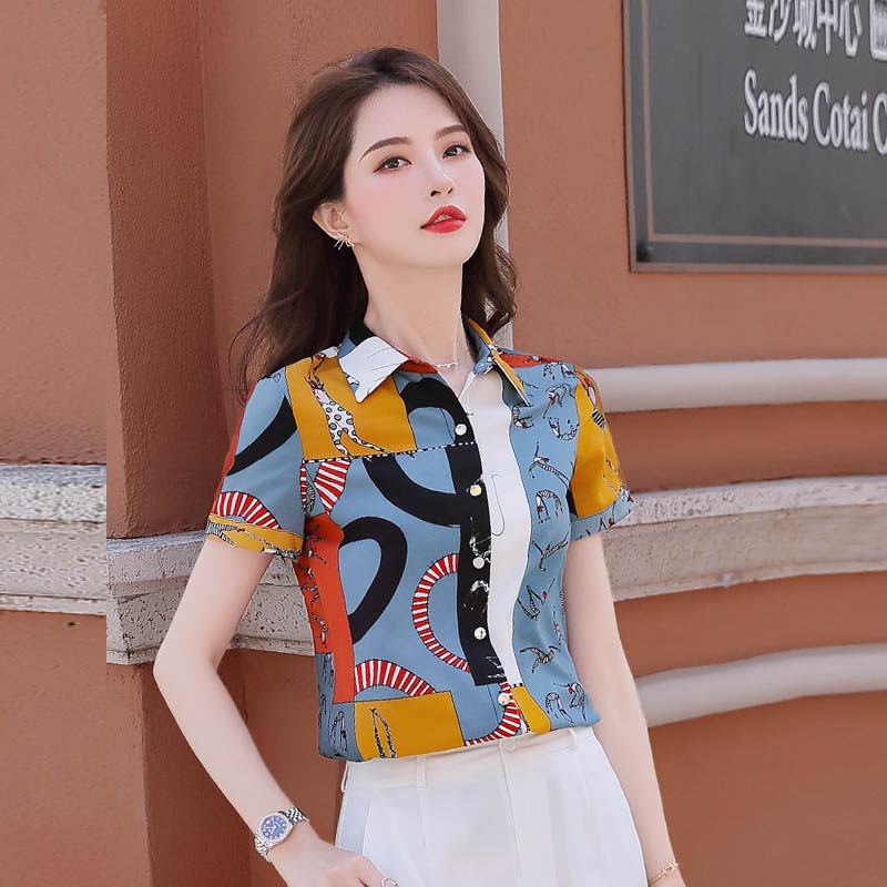

Female Short Sleeve Slim Blouse Harajuku Shirts Summer Print Blouses Womens Chiffon Tops, Blue