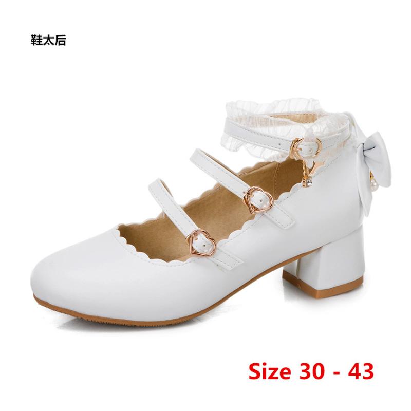 

Girl Med High Heels Sweet Women Scarpin Student Mary Janes Med High Heel shoes Stiletto Woman Pumps Small Big Size 30 - 43, Beige