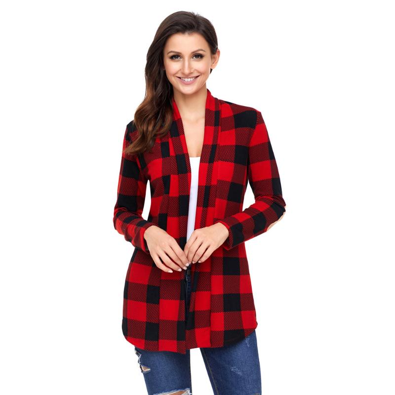 

Shiying autumn and winter large size women' coat Plaid long sleeve stitching cardigan women' top 85048, Green