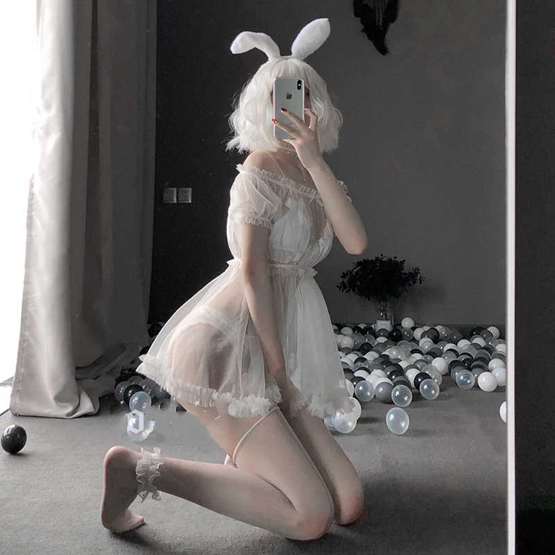 

Women's Sleepwear Kawaii Princess Nightwear One-word Shoulder Nightclub Sexy Tulle Seductive Perspective Sleeping Dress Womens Nightgown, Black