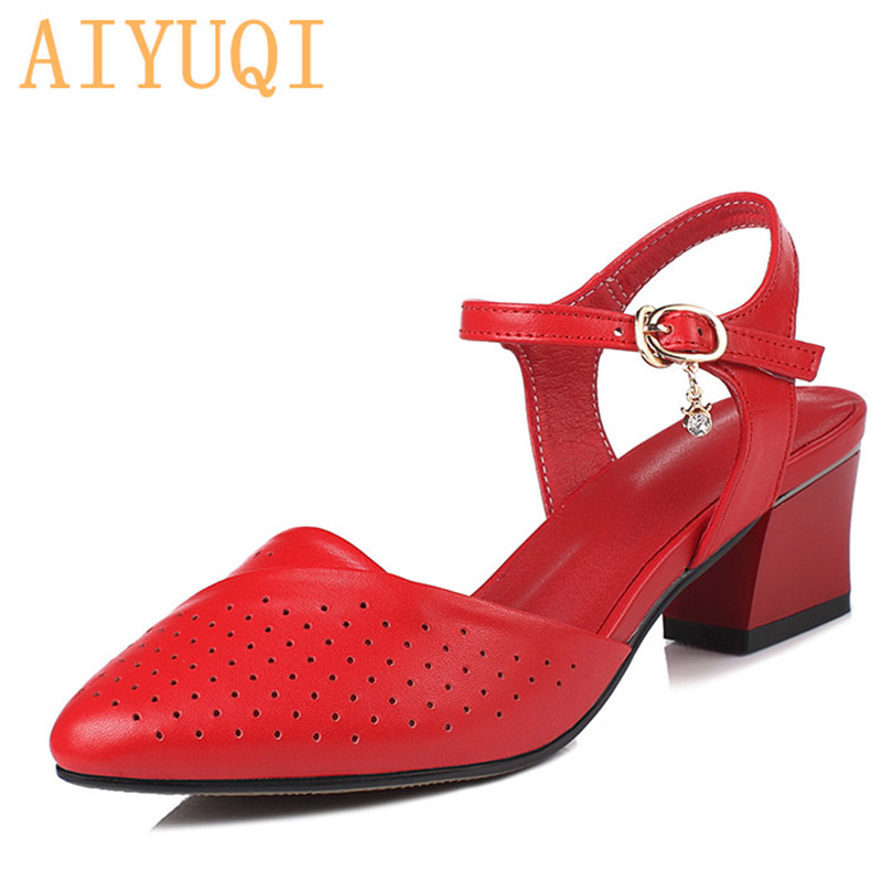 

AIYUQI Women shoes sandals summer 2020 new genuine leather women sandals Pointed fashion wedding shoes red Hole dress, Beige