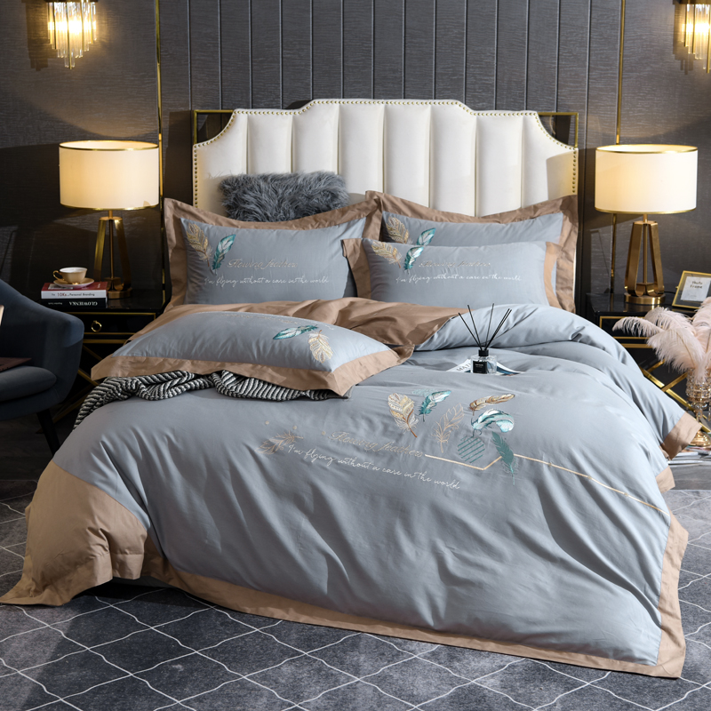 

Feather embroidery bedlinen blue Bedding Set King Queen Size Bed Linen egyptian cotton Duvet Cover Bed Sheet Set Pillowcases