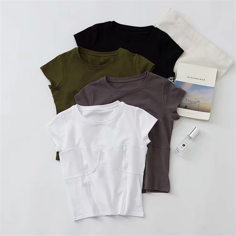 

Summer Women Fashion Cute Chest stitching Short Sleeve T Shirt cotton crop Solid O-neck T-Shirts Women Casual Tees Top 4 color, Black