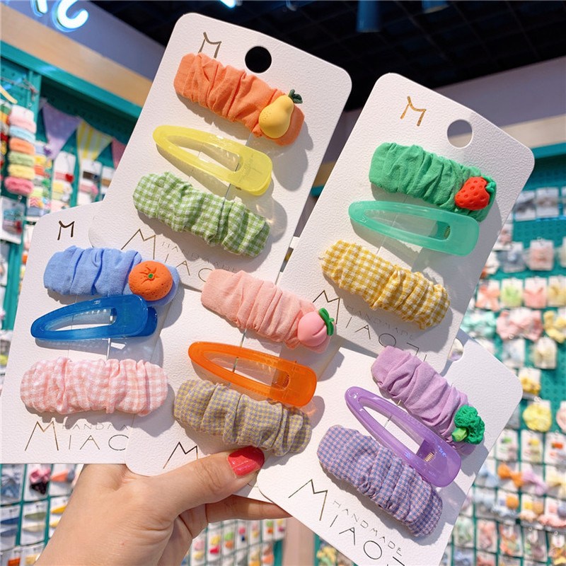 

3 Pcs Children Simple Cute Vegetables Fruits BB Clip Fashion Sweet Girl Student Fold Plaid Fabric Hairpins Hair Accessories