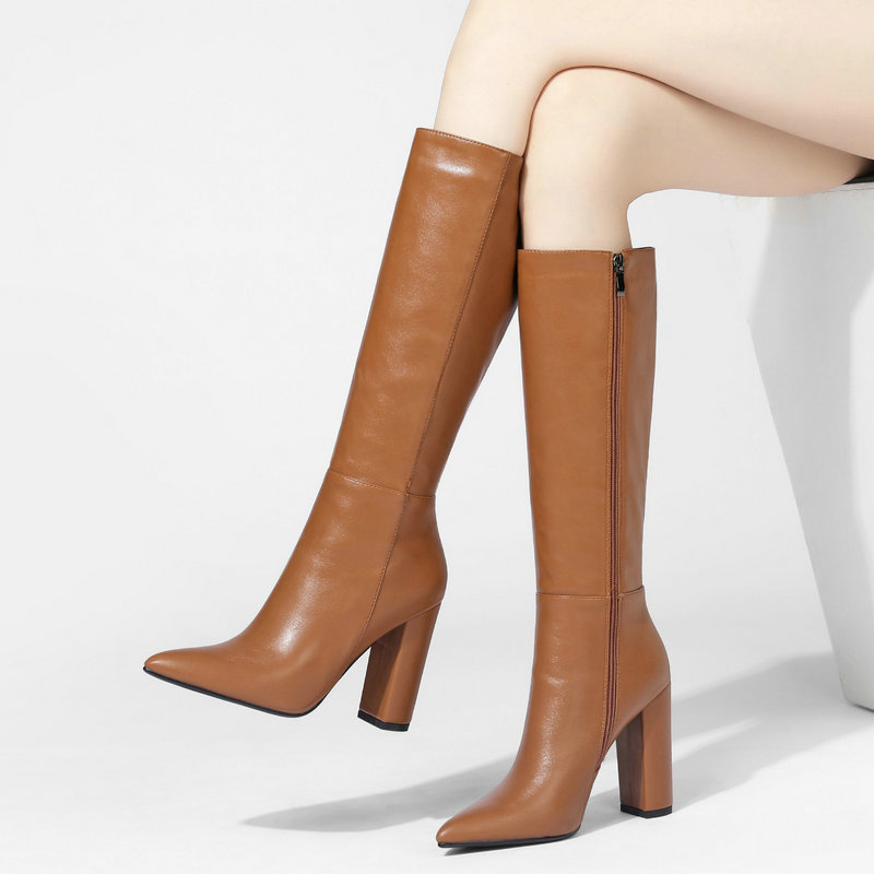 

Pointed Toe Zipper Thick Heel Knee Boots Woman Fashion Faux Leather High Heel Winter Shoes Women Fashion Party Dress Shoes Red, Black