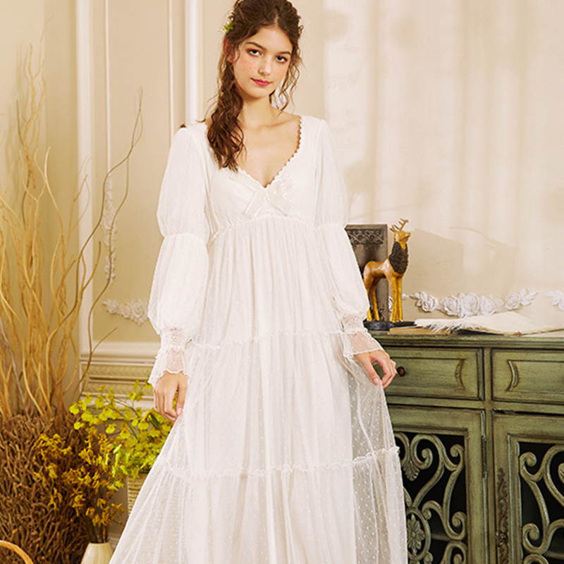

Woman Nightgowns Sleepshirts Long Sleeve Long Dress Sleep & Lounge White Sweet Lovely Nightwear
