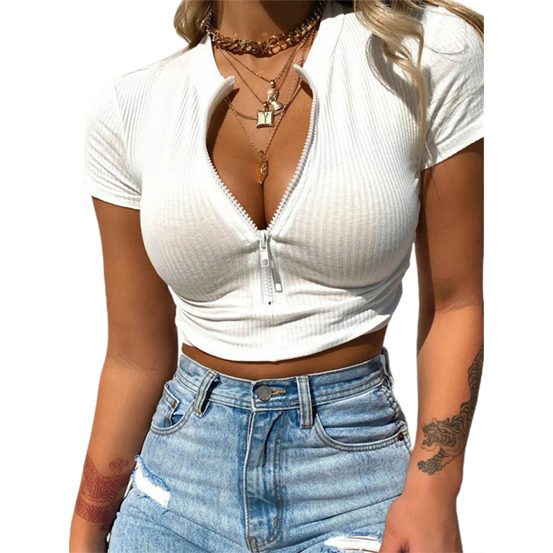 

Women Sexy Knit Crop Top Clubwear Popular Zip V Neck Short Sleeve short T-shirt Tee Blouse Casual Sport Top, Black