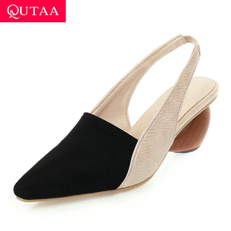 

QUTAA 2020 Strange Heel Pointed Toe Women Shoes Patchwork PU Leather Flock Ladies Sandals Summer Slingback Women Pumps Size34-43, Beige