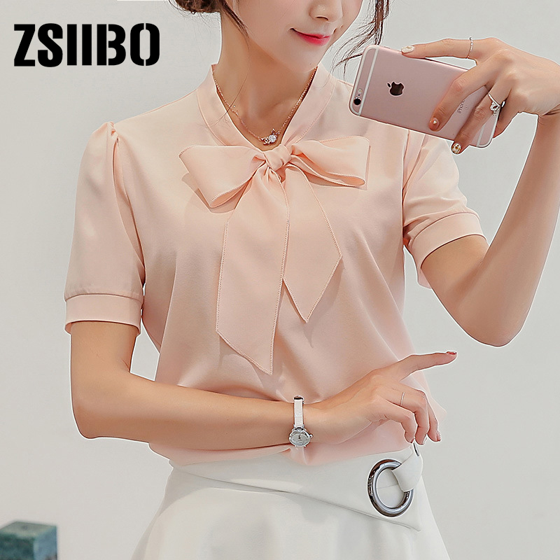 

2020 Korean style Summer Women Short Sleeve Blouse Bow Women Chiffon Shirt Plus Size Office Ladies Work Top Clothing, White