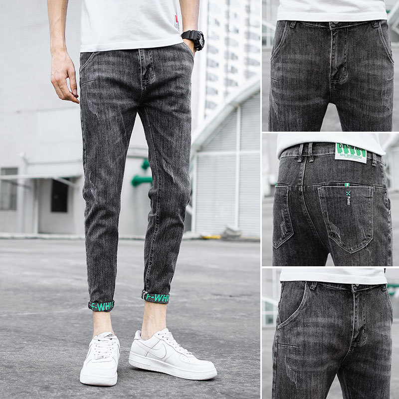 

Wholesale 202 Denim Jeans homme slim feet summer men's pants Korean trend elastic casual wild men's brand Ankle length pants men, Dark grey
