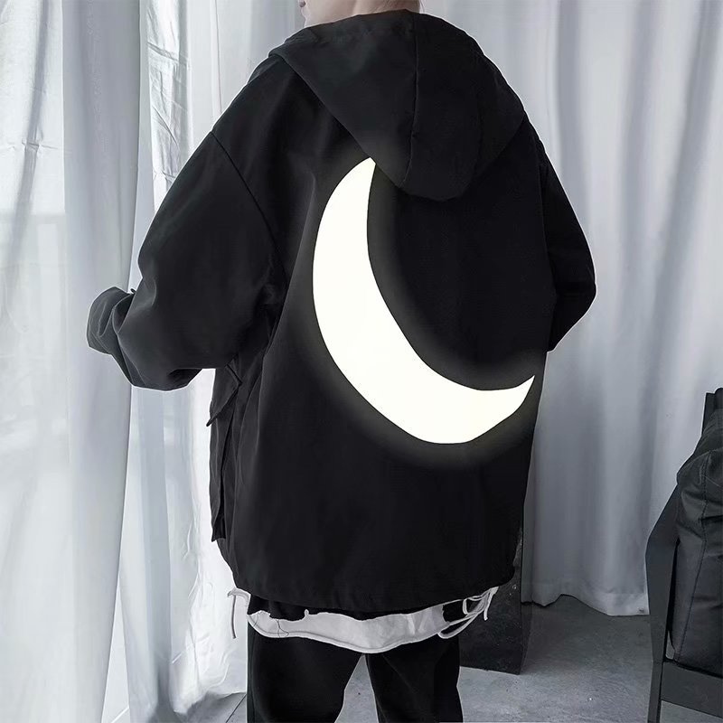 

E-Baihui 2021 Spring Trend Net Red Men's Ins Reflective Hooded Jacket Man's Korean Students' Loose Bf Style Printed Jacket C27, Green