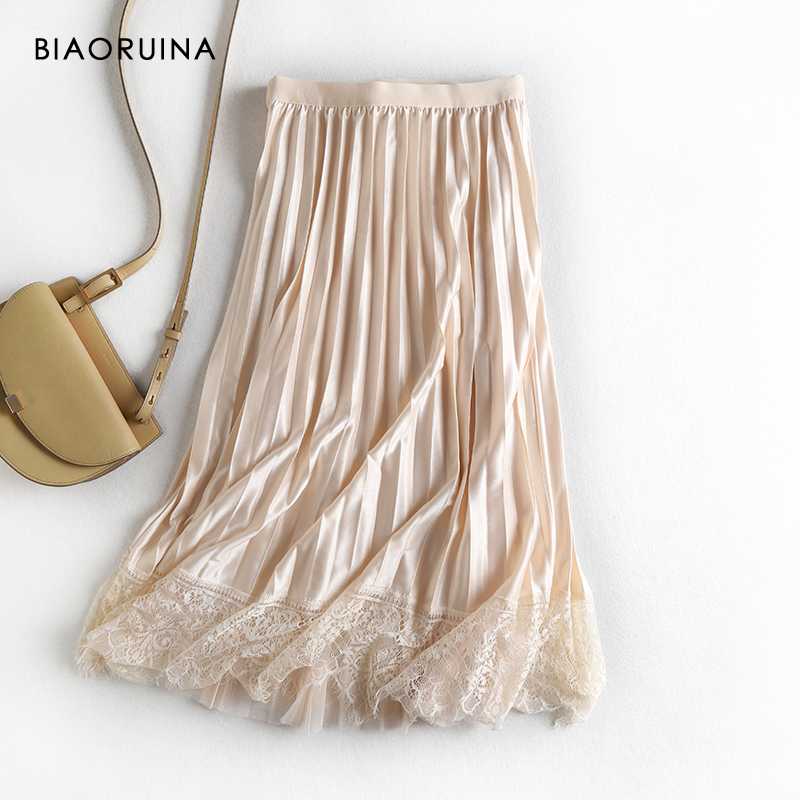 

BIAORUINA Women's Solid Elegant Lace Hem Skirt with Lining Ladies Chic Elastic High Waist Pleated Skirt, Beige