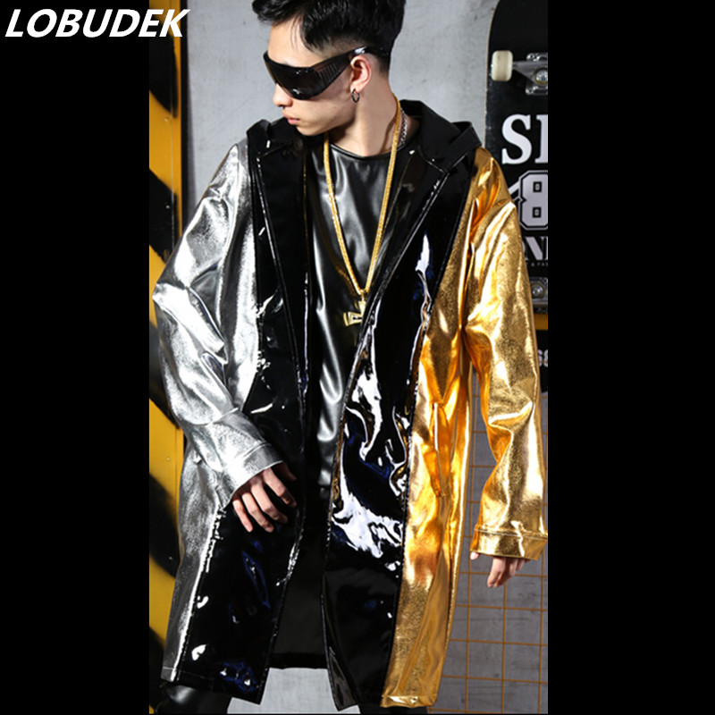 

Patchwork Color Faux Leather Cloak Hoodie Loose Long Coat Windbreaker Bar Nightclub Rap Singer DJ HIP HOP PU Leather Overcoat