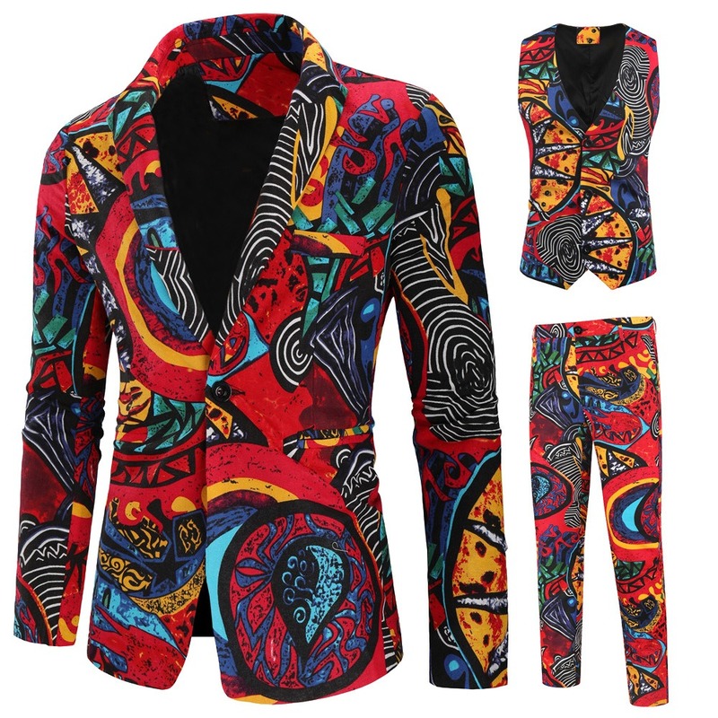 

Men Suits New 3 Piece Sets Fashion Single Breasted Printed Floral Tuxedo Suit Jacket Casual Slim Blazer Vest Pant Costume Homme, Style1