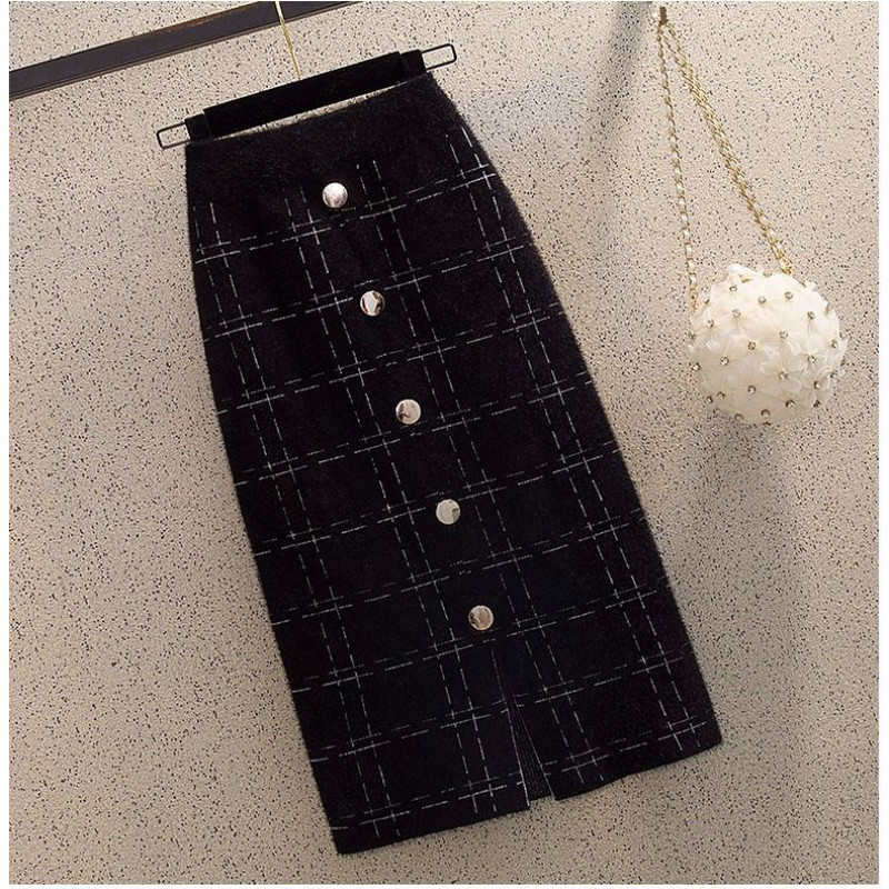 

2020 Autumn Winter Women New Fashion Pencil Skirt High Waist Slim Lattice Elegant Knitted Skirt Ladies Office Midi Q51, Black1