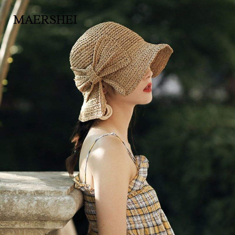 

MAERSHEI Bowknot Straw Hats Women Summer Beach Elegant Fashion Sun Hat Floppy Brim Foldable Panama Chapeau Femme Wide Brim Hat, Brown