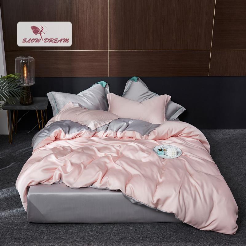 

SlowDream Women Pink 100% Silk Bedding Set Luxury Double Color Duvet Set Cover Pillwocase Fitted Sheet  King Bed Linen, 005