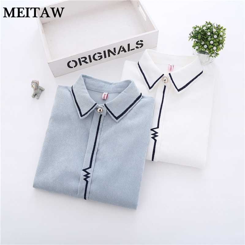 

Autumn Winter Women Striped Embroidery Corduroy Blouse Shirt 2020 Casual Long Sleeve Office Shirts Lady Slim Korean Tops, Jnj8003 blue-green