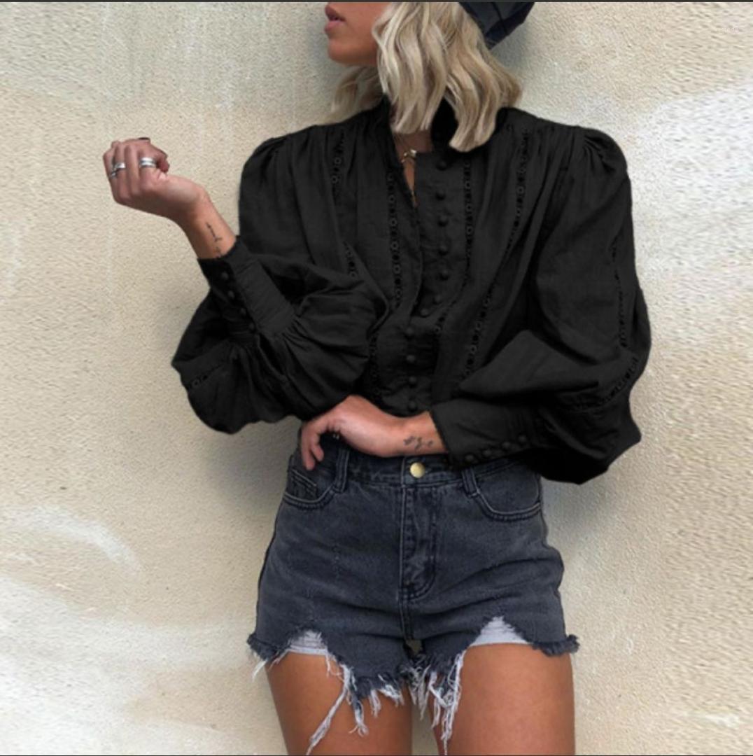 

Clothing Lantern Sleeve Women Designer Blouses Long Sleeve Solid Color Womens Shirts Spring Autumn Casual Ladies, Black