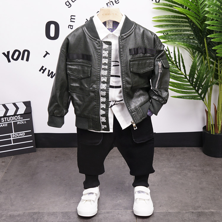 

Spring Baby Casual Tracksuit Children Boy PU jacket,shirts and jeans 3Pcs/Sets Kids Leisure Sport Suit Infant Clothing (6602, 3pcs set