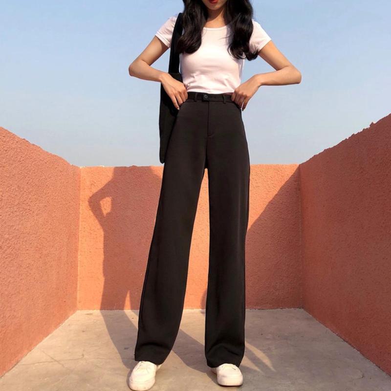 

Women Autumn Loose High Waist Solid Color Long Straight Pants Wide Leg Trousers, Black