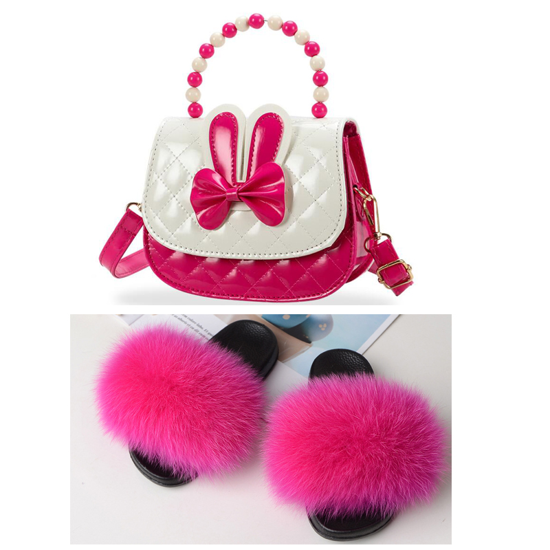 

Cute Cartoon Children Fur Slides Princess Purse Suit Kids Cosmetic Bag Furry Rainbow Slippers Match Set Sweet Girl Sandals Hot, Faux fur