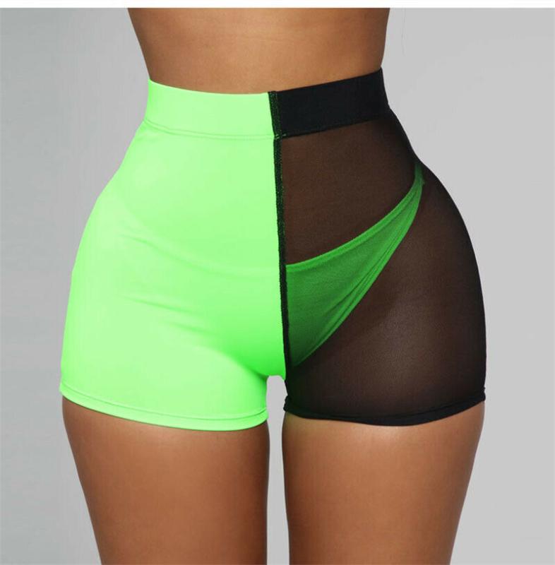 

Women Mesh Sheer See Through Shorts Pants Neon Green Patchwork High Waist Bodycon Shorts Bikini Bottom Cover Up Jogging Pants