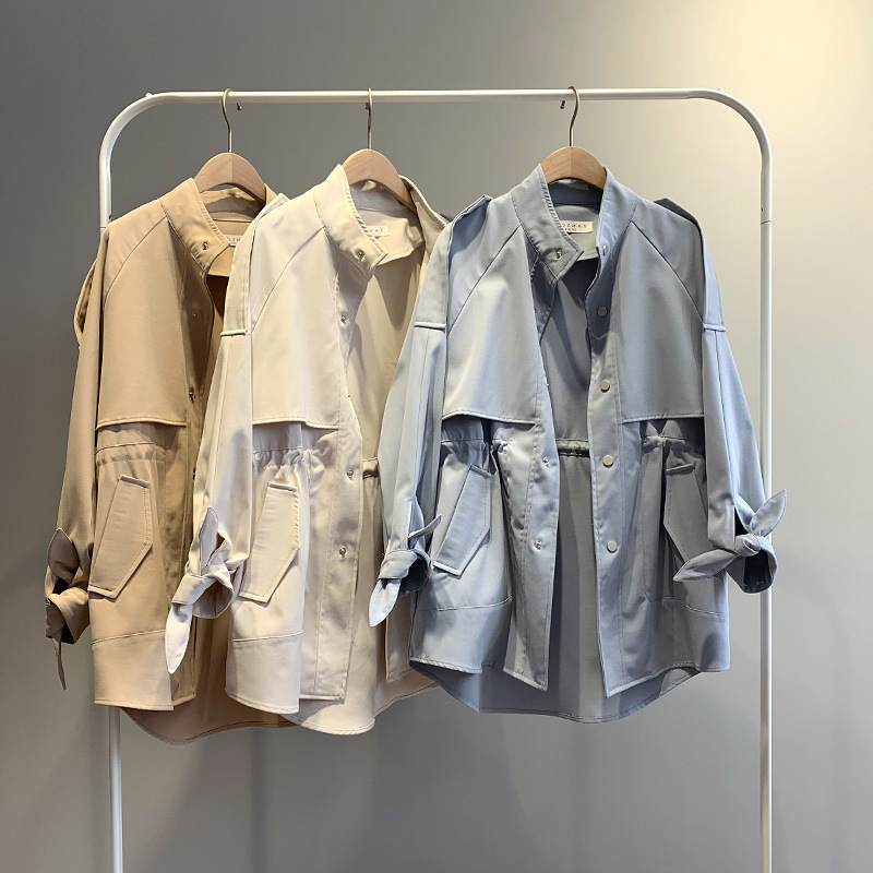 

Fashion Trench Coats Women Female Spring Windbreaker Drawstring Coats Casual Loose jackets Clothes Stand Collar Short Trench, Beige