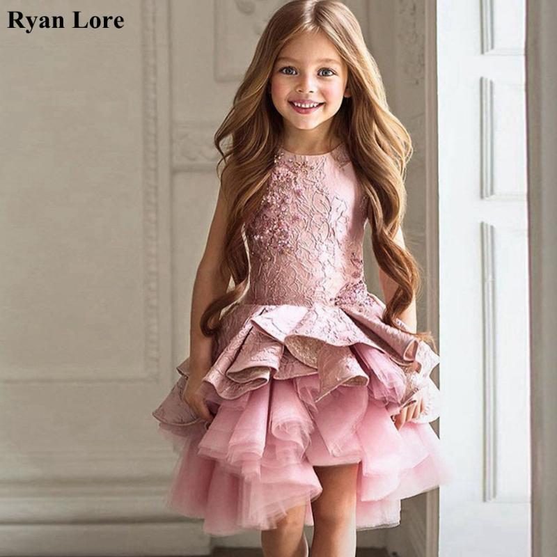 

Elegant Pink Ruffles Flower Girl Dresses 2020 Short Front Long Back Kids Princess Weddings First Communion Dress Pageant Gowns