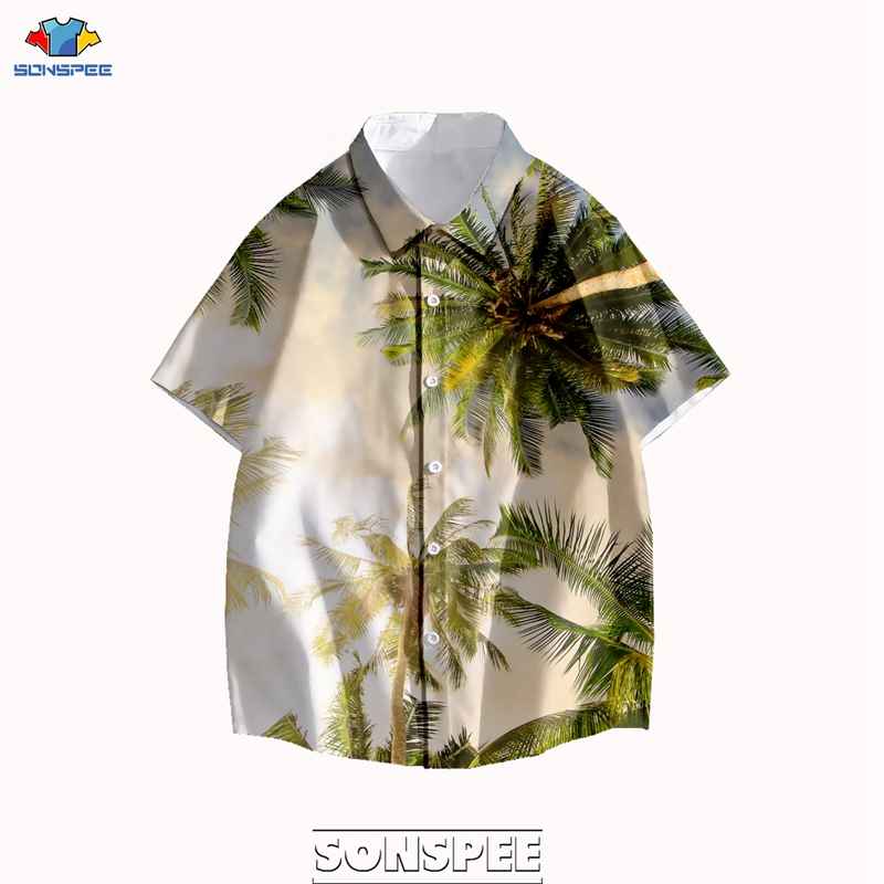 

SONSPEE Summer Hawaiian Beach Shirt Men Fashion Palm Tree Printed Loose Short Sleeve Casual Hip Hop Buttons Men Shirt Clothing, 19