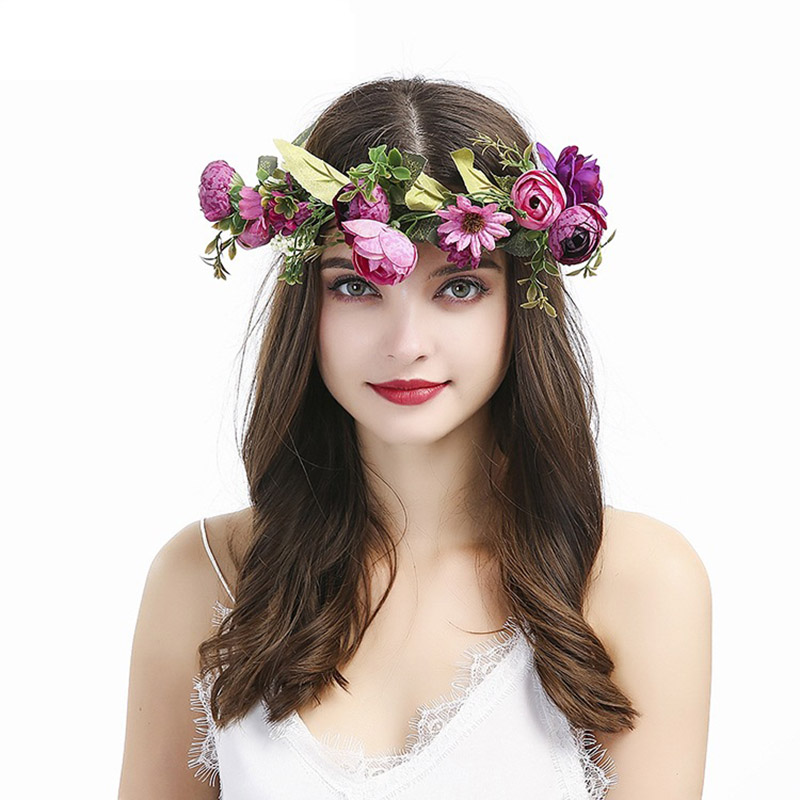 

Girl Flower Wreath Elastic Hair Accessories Bride Women Flower Crown Hair Band Wedding Floral Headband Garland Ribbon Bow, Pink